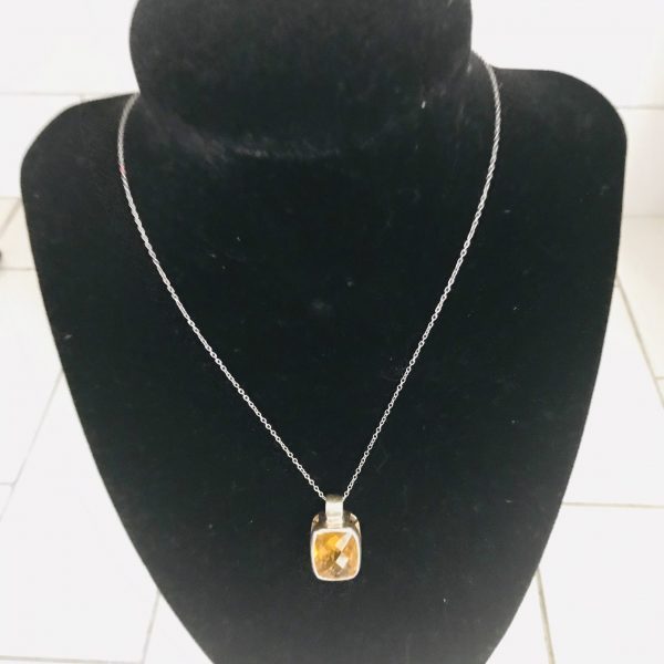 Sterling Silver and Topaz Cushion Cut Stone Necklace and Pendant drop .925 with gold topaz collectible birthstone 8 grams