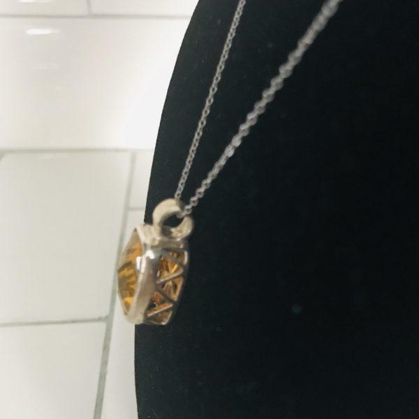 Sterling Silver and Topaz Cushion Cut Stone Necklace and Pendant drop .925 with gold topaz collectible birthstone 8 grams