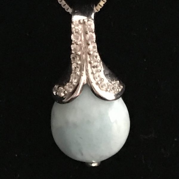 Sterling Silver Box Chain with light blue stone and crystal pendant adjustable chain both pieces marked .925 RGN