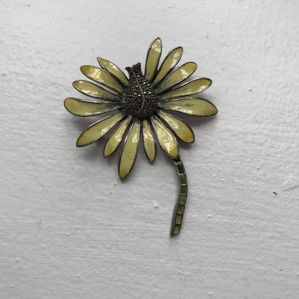 Sterling Silver Brooch Large Enameled DAISY with Marcasite center Sterling colletible display pin 28 grams