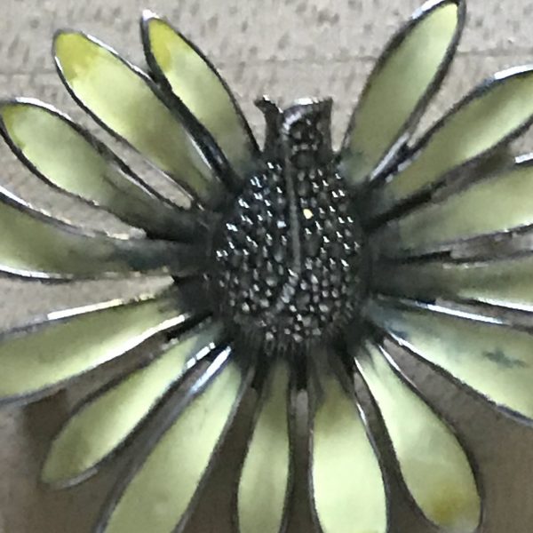 Sterling Silver Brooch Large Enameled DAISY with Marcasite center Sterling colletible display pin 28 grams