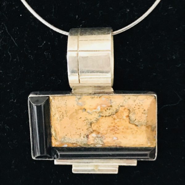 Sterling Silver Large Pendant Drop Rectangular Black Onyx and Jasper, Dendritic .925 Dtr China 22 grams