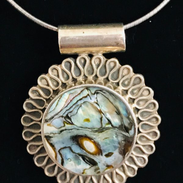 Sterling Silver Large Pendant Drop Round Abalone shell center with sterling back surround Swirl pattern sterling setting .925 weighs 21gr