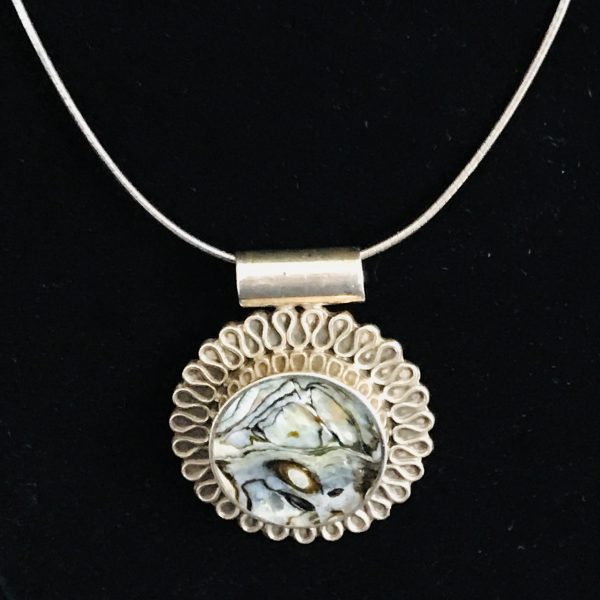 Sterling Silver Large Pendant Drop Round Abalone shell center with sterling back surround Swirl pattern sterling setting .925 weighs 21gr