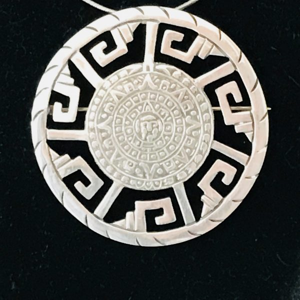 Sterling Silver Large Round Mayan Style Pendant drop .925 JS Pendant Brooch 17 grams Pre-1980 Brooch or Pendant