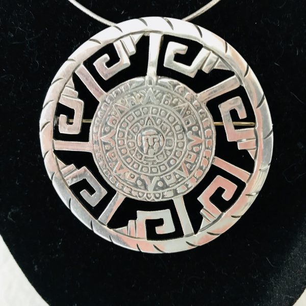 Sterling Silver Large Round Mayan Style Pendant drop .925 JS Pendant Brooch 17 grams Pre-1980 Brooch or Pendant