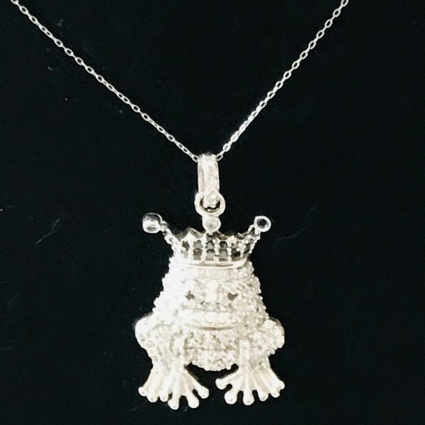 Sterling Silver Necklace Frog with Crown Prince black eyes & crown fine crystals marked .925 on chain and necklace drop smiling frog pendant