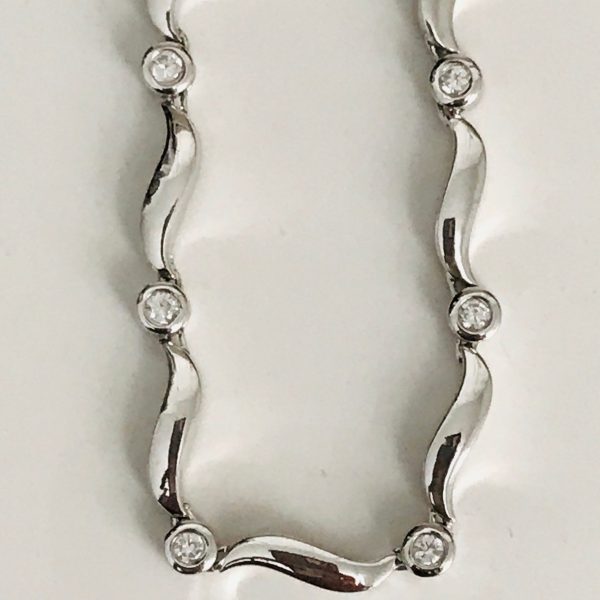 Sterling Silver Necklace heavy links with crystals between each safety latch at slide closure 10.5 grams 16" long