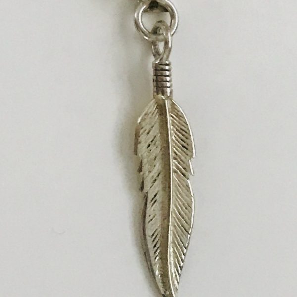 Sterling Silver necklace long link chain  prong set Pink Polished stone Pendant feather & leaves 14 grams 18" chain 3 1/2" pendant