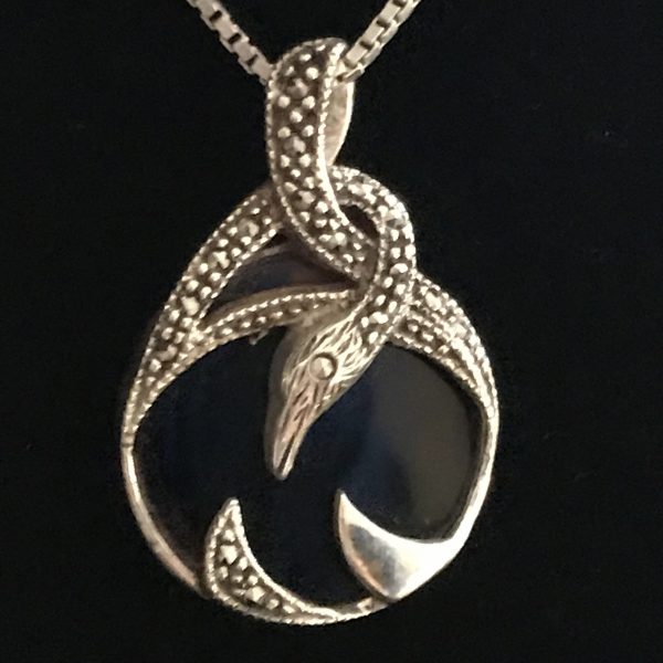 Sterling Silver necklace with serpent sterling marcasite and onyx pendant fantastic design heavy box chain 24" weighs 12.5 grams