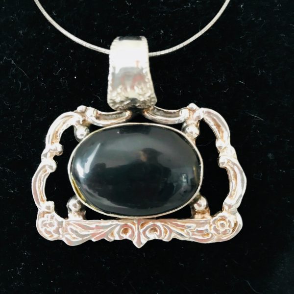 Sterling Silver Ornate Victorian Style pendant drop with black onyx oval center Large ornate piece collectible display jewely .925