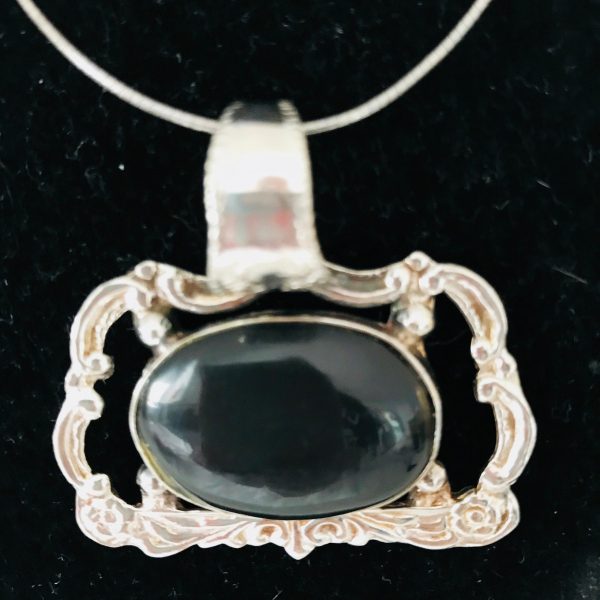 Sterling Silver Ornate Victorian Style pendant drop with black onyx oval center Large ornate piece collectible display jewely .925