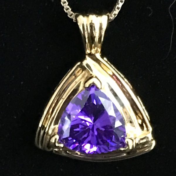 Sterling Silver Pendant Drop Amethyst trillion center stone sterling with gold wash UTC .925 triangle with fixed bail