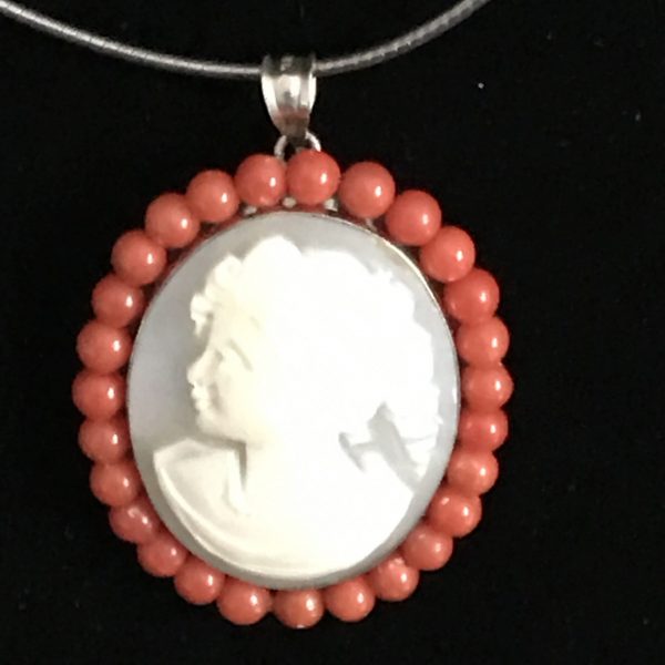 Sterling Silver Pendant Drop onyx hand cut cameo Italy with red coral signed .925 Star 661NA signed on back of cameo as well