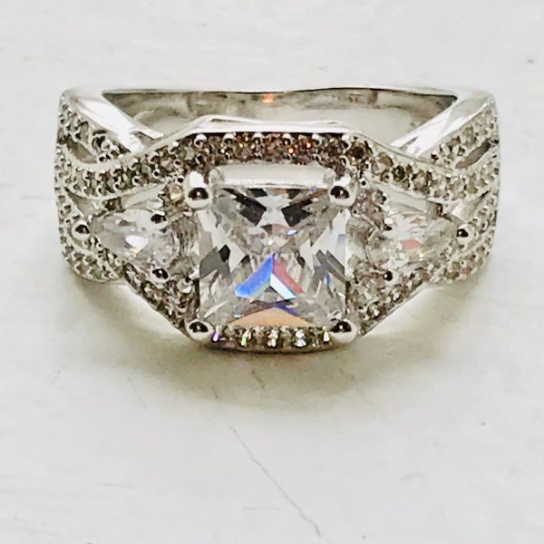 Sterling Silver Ring Faceted Large Princess Cut Austrian Crystal Statement ring .925 Jewelry size 7 3/4 GREAT BLING crystal band