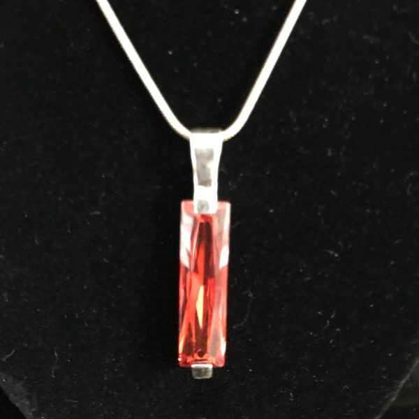 Sterling Silver Snake Necklace with bright red/orange faceted rectangle stone