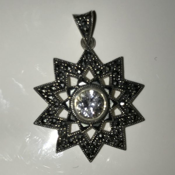 Sterling Silver Star Shape Pendant Drop Austrian Crystal Center with marcasite .925 weighs 7 grams