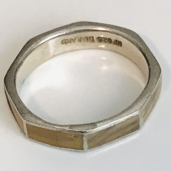 Sterling silver vintage band ring inset beige stones marked .925 size 8 1/2 boho hippy 1970's southwestern