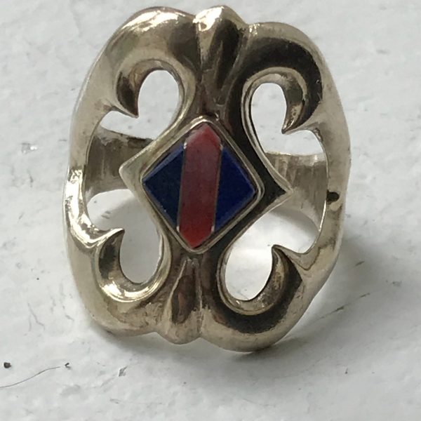 Sterling silver vintage ornate ring with lapis and red coral center stone size 9 weight 10 grams