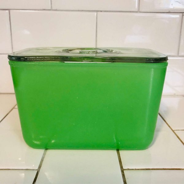 Storage container covered rectangular refrigerator jar retro kitchen glass with lid farmhouse cottage collectible display bright green