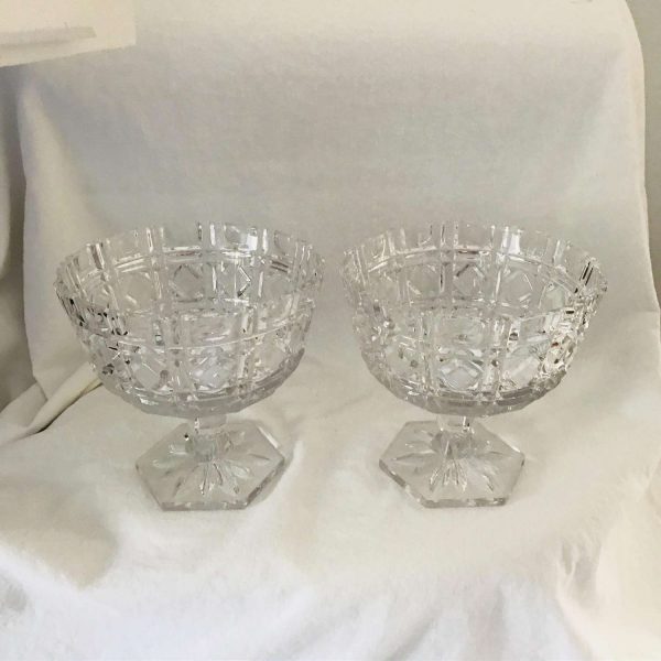 Stunning Pair of crystal compotes great shine and pattern hex shaped bases fine quality crystal collectible display