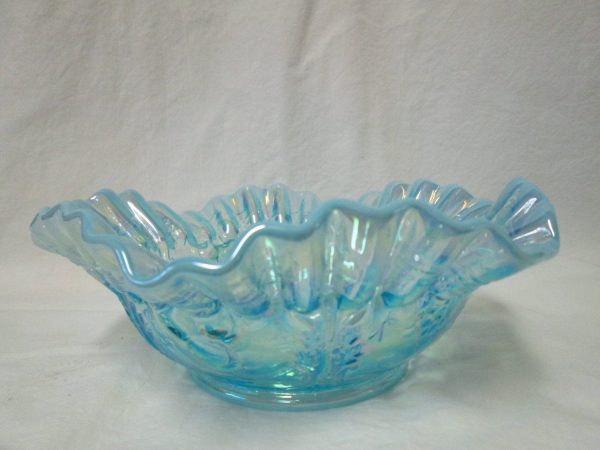 Stunning Vintage Fenton Opalescent Decorative Bowl Center Bowl Blue Iridescent Grape Pattern