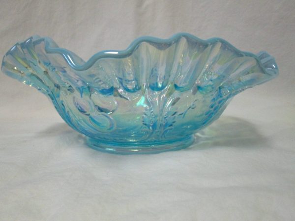 Stunning Vintage Fenton Opalescent Decorative Bowl Center Bowl Blue Iridescent Grape Pattern