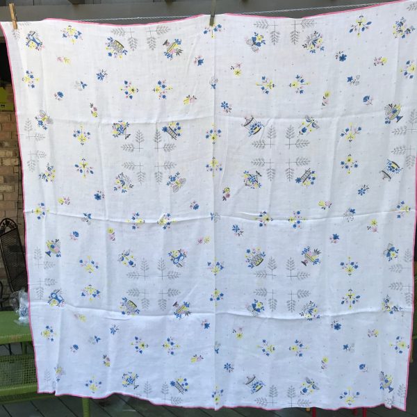 Tablecloth Vintage Retro Printed linen Kitchen decor dining serving collectible 35"x50" blue yellow floral