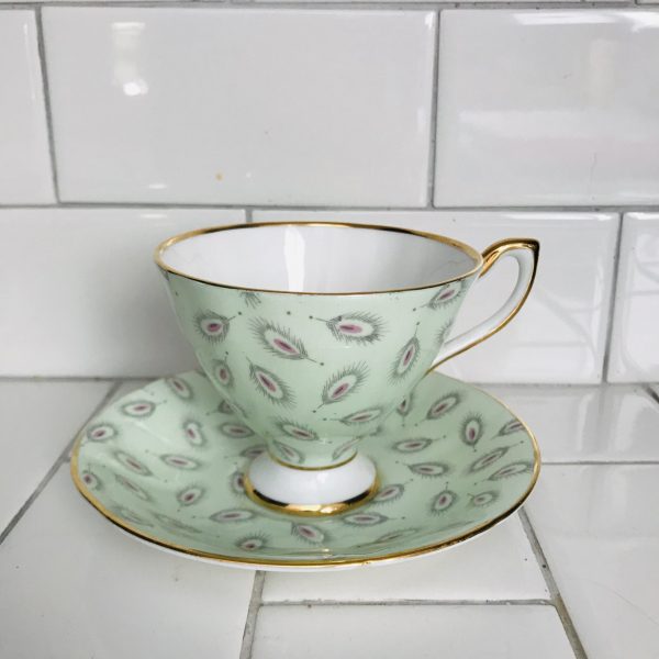Taylor Kent tea cup and saucer England Fine bone china Chintz mint green with gray feathers & pink centers farmhouse collectible display