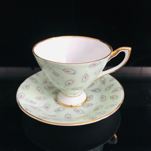 Taylor Kent tea cup and saucer England Fine bone china Chintz mint green with gray feathers & pink centers farmhouse collectible display