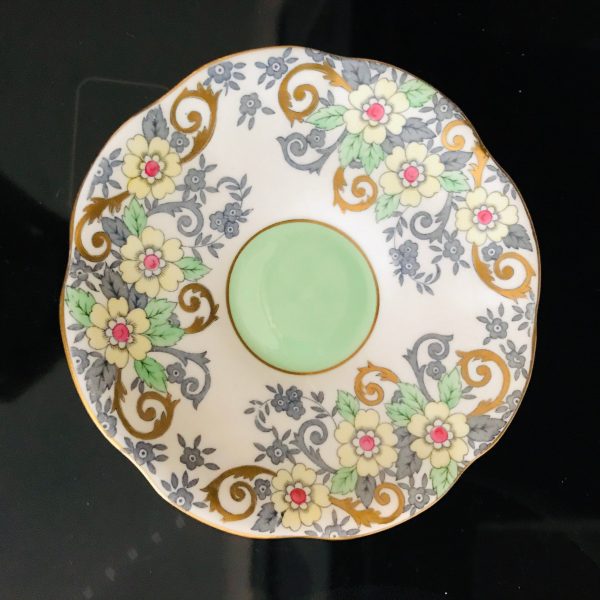 Taylor Kent tea cup and saucer England Fine bone china yellow floral green leaves gold trim farmhouse collectible display coffee