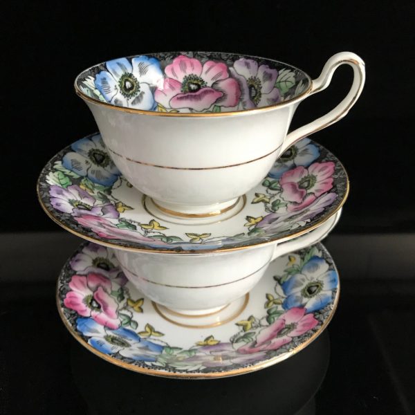 Taylor Kent tea cup and saucer PAIR England Fine bone china Bright Colors Purple pink blue black collectible display coffee