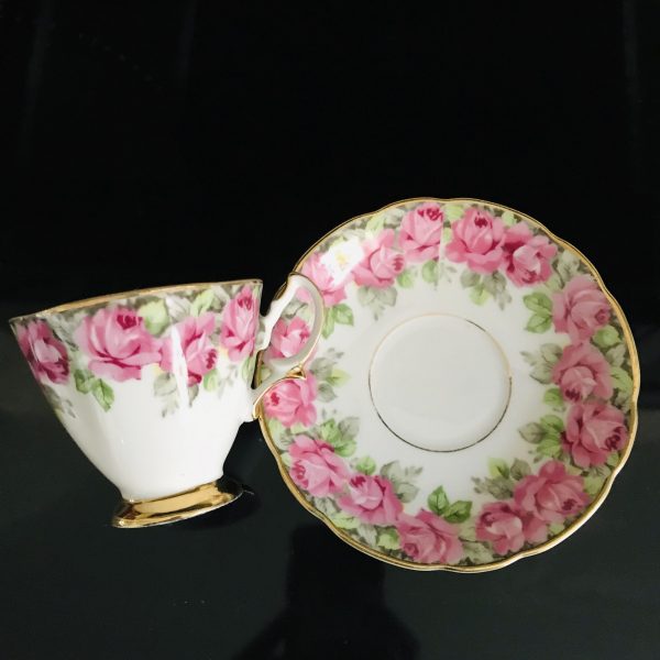 Tea cup and saucer England Fine bone china Roses with gray background trim  Pink farmhouse collectible display serving coffeedining