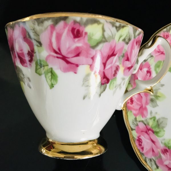Tea cup and saucer England Fine bone china Roses with gray background trim  Pink farmhouse collectible display serving coffeedining