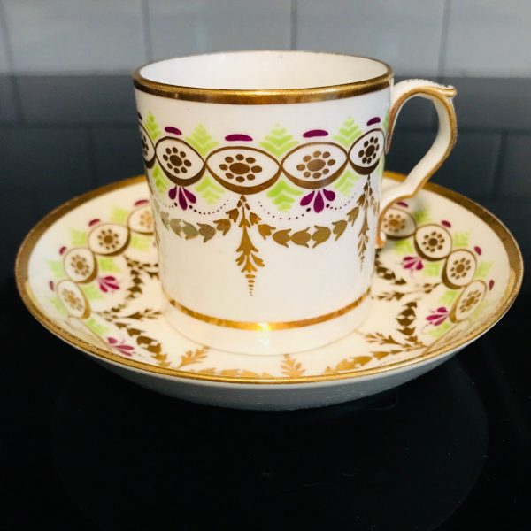 Tea Cup and Saucer Fine bone china England gold swag floral bright green Purple scrolls gold trim Collectible Display Farmhouse