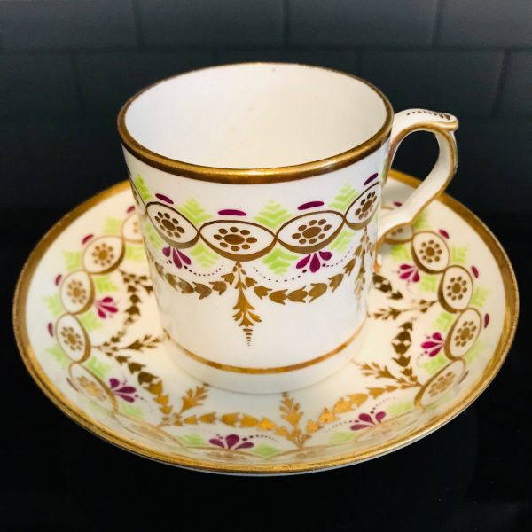 Tea Cup and Saucer Fine bone china England gold swag floral bright green Purple scrolls gold trim Collectible Display Farmhouse