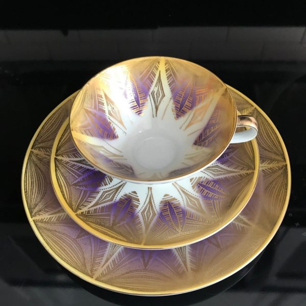 Tea cup and saucer TRIO hand painted Gold and Purple Art Deco Design Sleek West Germany Fine bone china collectible bridal shower