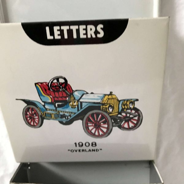 Tin Litho Automobile Wall Storage Bin Letters Bills and Misc. Mid Century Storage Blue 1908 Overland Red 1915 Ford Green 1907 Pope Waverly