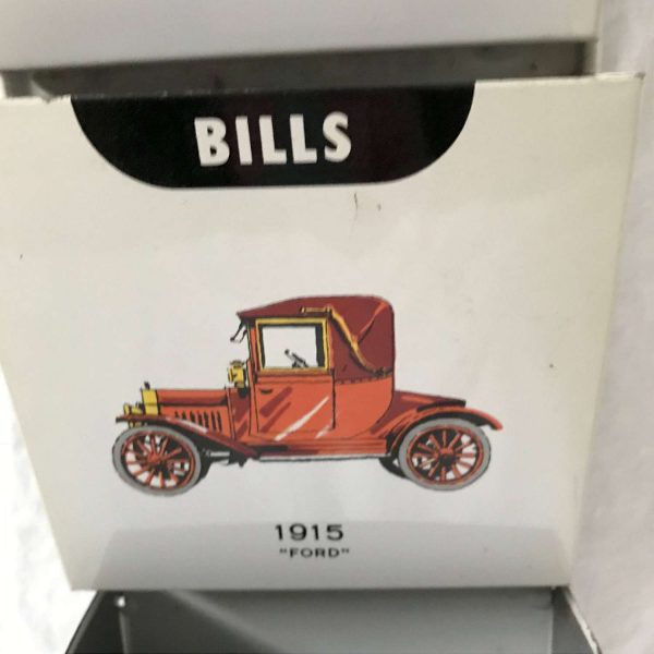 Tin Litho Automobile Wall Storage Bin Letters Bills and Misc. Mid Century Storage Blue 1908 Overland Red 1915 Ford Green 1907 Pope Waverly