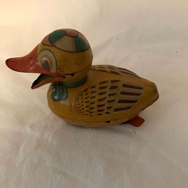 Tin Litho Quacking Duck friction toy mid century Japan flapping feet collectible display tin toy working condition animal