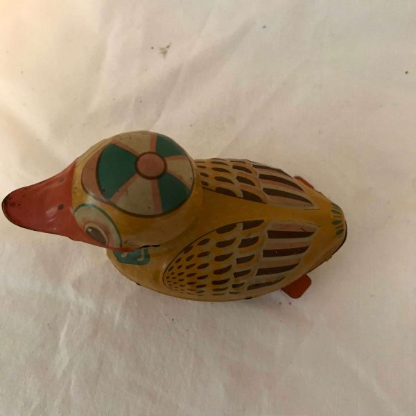 Tin Litho Quacking Duck friction toy mid century Japan flapping feet collectible display tin toy working condition animal