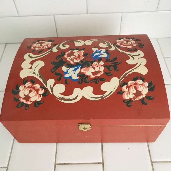Tole painted wooden footed box Germany sewing box collectible storage display farmhouse decor