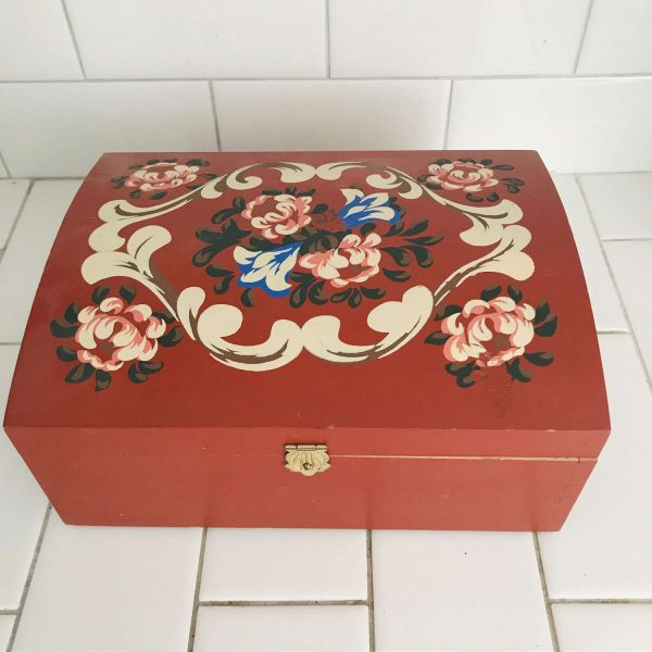 Tole painted wooden footed box Germany sewing box collectible storage display farmhouse decor