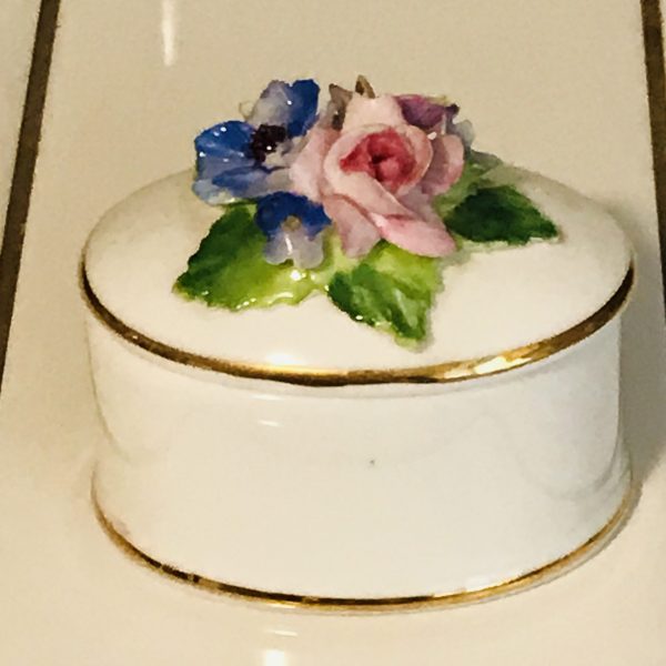 Trinket Dish fine bone china Crown Staffordshire England hand modelled and painted raised flowers and leaves bedroom vanity ring dish