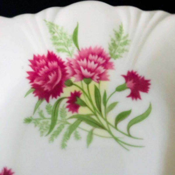Trinket nut pin dish fine bone china Royal Windsor England carnations pink green yellow collectible display farmhouse cottage vanity bedroom