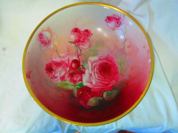 Turn of the Century Austria Beautiful Large Rose Hand Painted Serving Center Bowl Fantastic Pattern and Colors Large Cottage Shabby Chic
