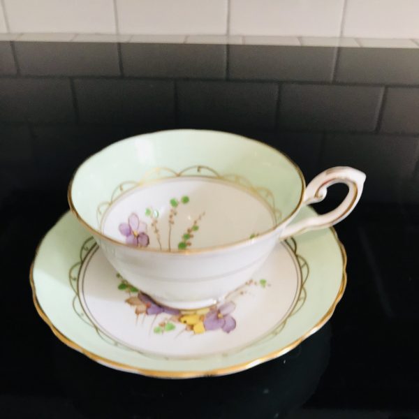 Tuscan tea cup and saucer England Fine bone china Light green rims Flowers on white centers gold trim farmhouse collectible display coffee