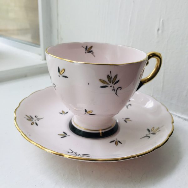 Tuscan tea cup and saucer England Fine bone china True Pink with black and gold sprigs farmhouse collectible display dining ART DECO bridal