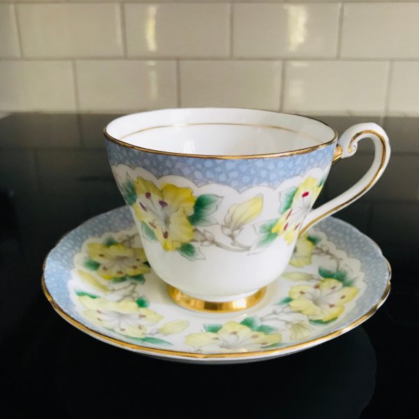 Tuscan tea cup and saucer England Fine bone china yellow and blue floral gold trim farmhouse collectible display dining