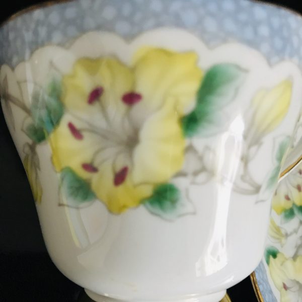 Tuscan tea cup and saucer England Fine bone china yellow and blue floral gold trim farmhouse collectible display dining